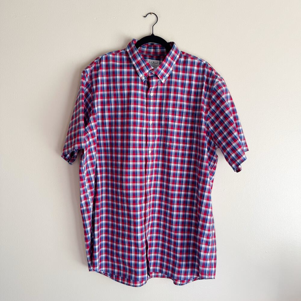 LL Bean Red White + Blue Plaid Short Sleeve Button Down Collared Shirt XL USA
